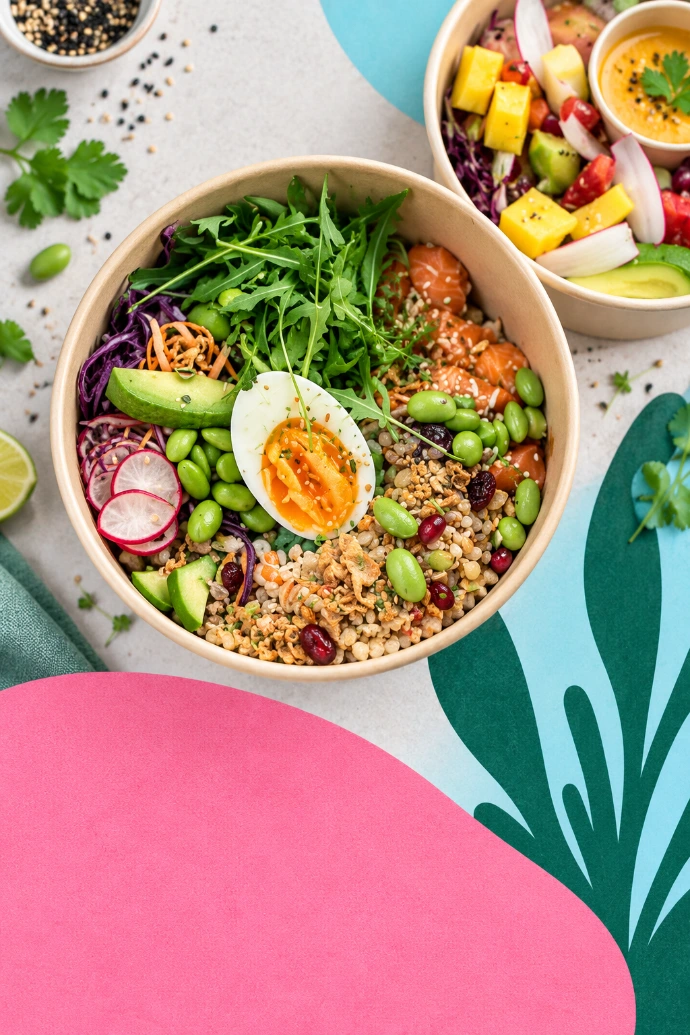 Poké bowl et lunch box pour le déjeuner au bureau
